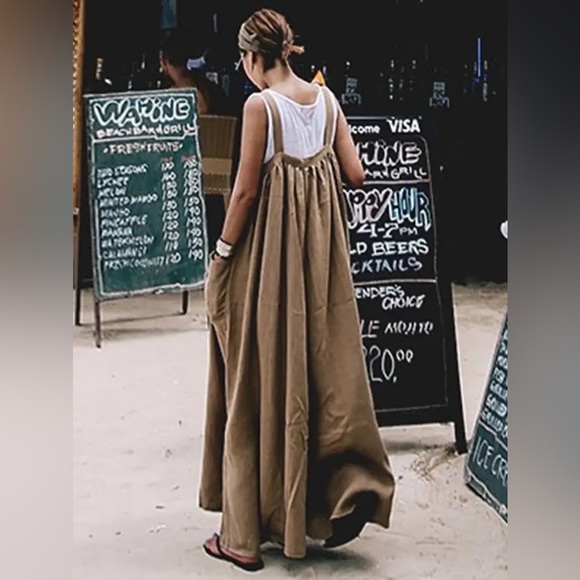 Sleeveless Scoop Neck Big Pocket Cotton Linen Boho Wide Leg Jumper Overalls - Picture 4 of 13